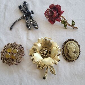 Brooch Pin Lot Floral Cameo Sparkle Rhinestone Crystal Rose Dragonfly Goldtone